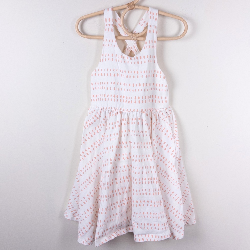 Alice + Ames Pinafore Dress Kids 5 White Pink Dash Print Cross Back Circle Skirt